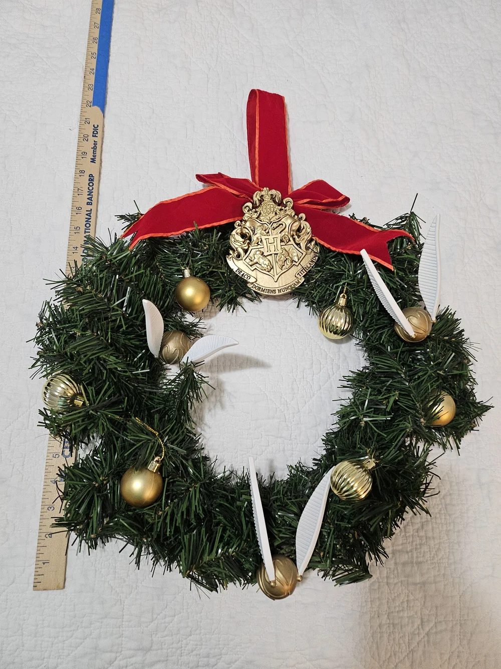 Hogwarts Golden Quidditch Wreath with Red Bow - Holiday Home Decor